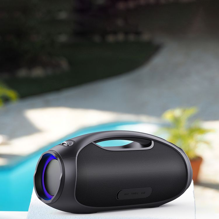 Porodo Soundtec Rush Euphoric Sound Portable Speaker with Bluetooth Version 5.3, 5400mAh Battery Capacity, Type-C Charging Port, IPX6 Water Resistance, 3 Hours Charging Time, 8 Hours Working Time, 15m Transmission Range, Power Bank Function, Shoulder Strap & Grip Handle, Vibrant RGB Lights - Black