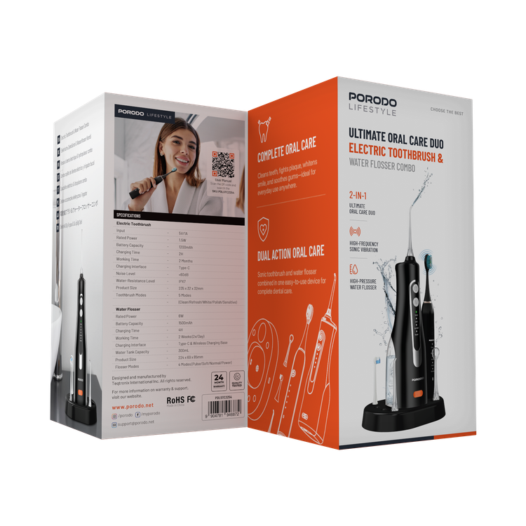 Porodo Ultimate Oral Care Duo Electric Toothbrush with Water Flosser Combo, 1200mAh Electric Toothbrush Battery Capacity, 2 Hours Electric Toothbrush Charging Time, 2 Months Electric Toothbrush Working Time, 300mL Water Flosser Water Tank Capacity, High-Pressure Water Flosser - Black