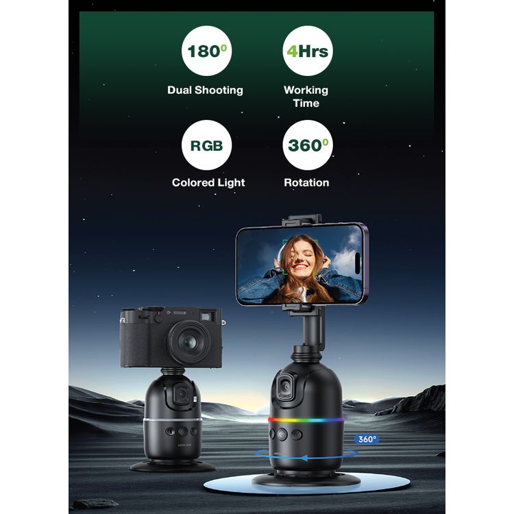 Green Lion Auto Track Gimbal, Multi-Device Support, Face Tracking, Gesture Detection, 3W Power, 1200mAh Battery, 1-4m Range,  6.5-9.5cm Phone Holder, Type-C Charging Port - Black
