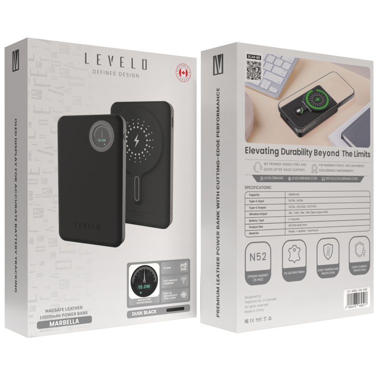 Levelo Marabella MagSafe Leather 10000mAh Power Bank with OLED Battery Status Display, N52 Magnets, 15W Wireless Charging, 20W Power Delivery, Overcurrent Protection - Dusk Black