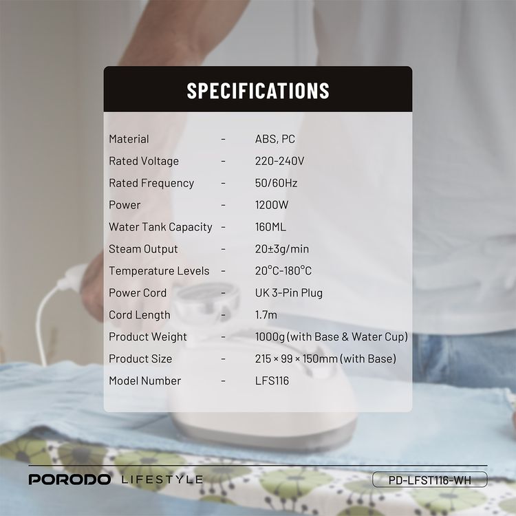 Porodo Lifestyle Retro Thermometer Steam & Heat Iron with Rotating Handle Design, 1.7m Power Cable, 30-Second Quick Heating, 1200W Rated Power - White