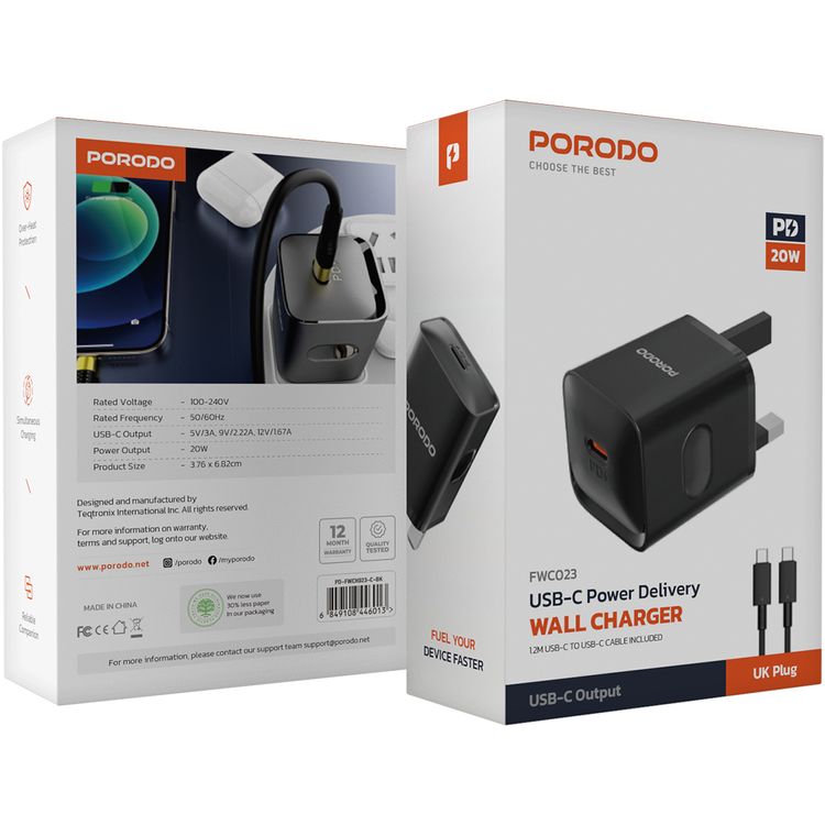 شاحن حائط Porodo USB-C Power Delivery مع كابل USB-C إلى USB-C، بطول 1.2 متر، PD 20W، قابس المملكة المتحدة، حماية من الحرارة الزائدة، رفيق موثوق، شحن متزامن - أسود