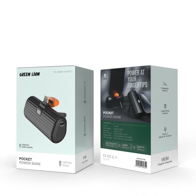 Green Lion Pocket Power Bank Lightning Output 5000mAh, Compact and Portable, Foldable Stand, Lithium-Ion Cell battery, Digital Display, Type-C Input & Output - Black