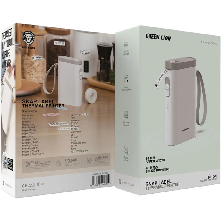 طابعة حرارية لتسمية اللقطات من Green Lion مع قاطع مدمج، 1000 قطعة لكل شحنة، عرض ورق 14 مم، سرعة طباعة 20 مم/ث، دقة 203 DPI - لون أبيض