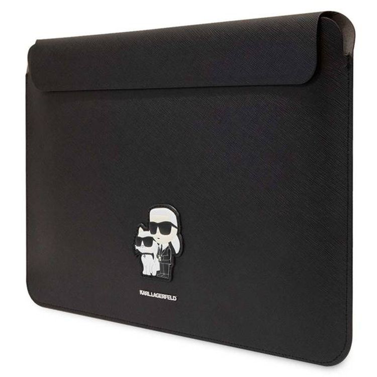 Karl Lagerfeld  Saffiano Laptop Sleeve for Computer 13" / 14" with Karl & Choupette NFT Logo, Genuine Leather Material, Water-Resistant, Magnetic Lock - Black