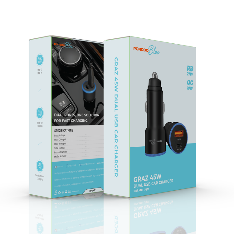 Porodo Blue Graz Dual USB Car Charger with Indicator Light, PD 27W, QC 18W, Auto-Off Function, Simultaneous Charging, 12-24V Input Voltage - Black
