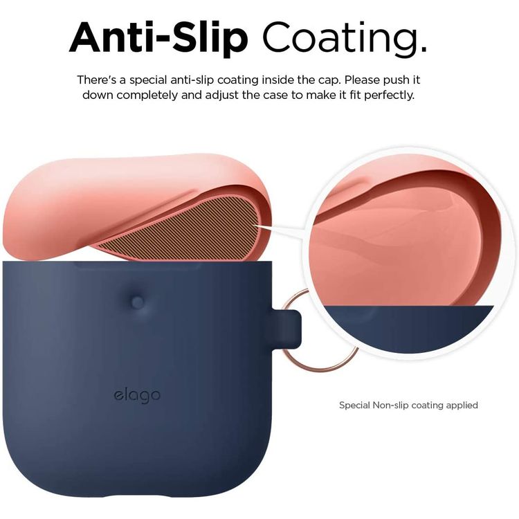 Elago Duo Hang Silicone Case with Apple AirPods Case 1 & 2 Generation, Drop Resistant, Dustproof and Absorbing Protective Cover with Hang Case Body-Jean Indigo / Top-Peach, Gray