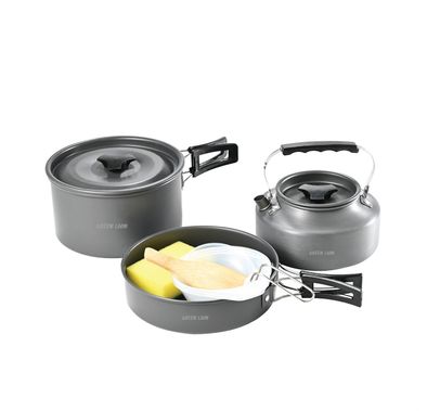 Green Lion 7-in-1 Camping Cookware with Heat-Resistant Handles, Wooden Shovel & Sponge, Foldable Soup Spoon, Food-Grade Material, Easy to Store & Carry, Foldable & Lightweight - Black