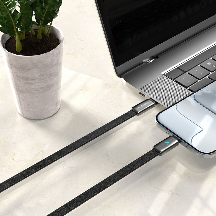 Porodo 100W Led USB-C to USB-C Leather Cable, Charging & Data Transfer, 1.2m cable Length, High Speed Charging, 4.7mm Cable Thickness, 480Mbps Data Transfer Speed - Black 