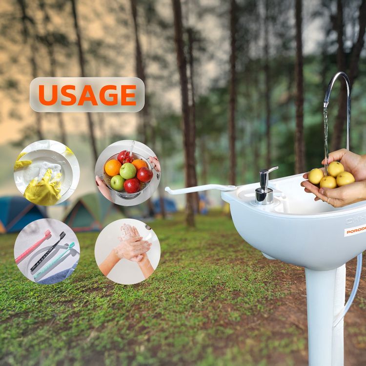 محطة غسيل اليدين المحمولة من بورودو لايف ستايل، توزع 220 مل من الماء لكل مضخة، سعة 17 لترًا من الماء و3 لترًا من الصابون، تعمل بمضخة القدم، نظام ضخ فعال