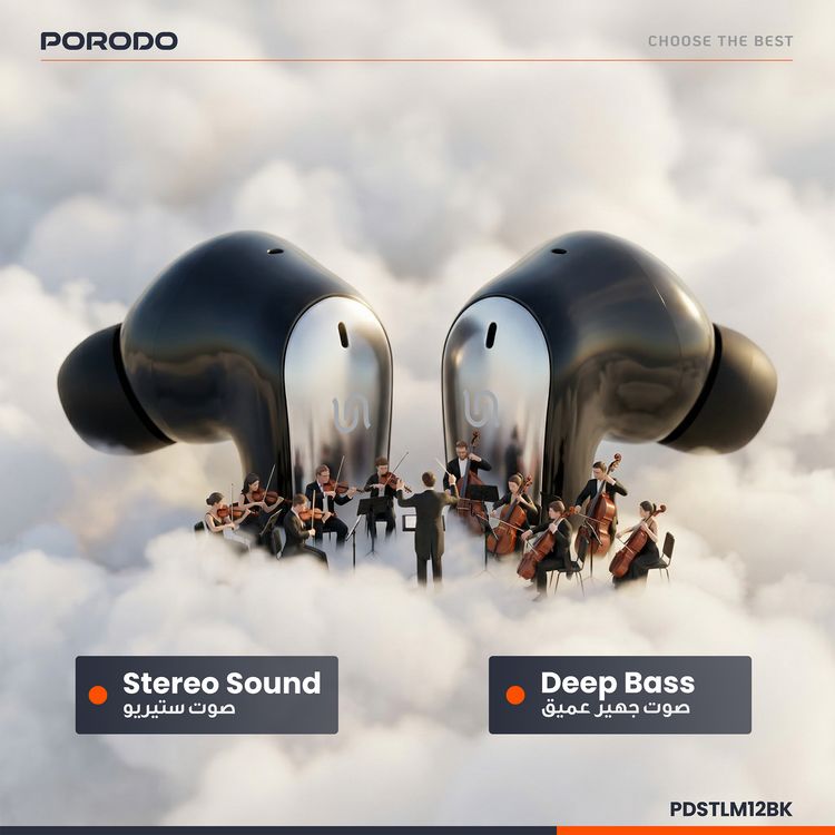 Porodo Gravis True Wireless Earbuds with Touch Control, Up to 5 Hours Play Time, 300mAh Charging Case & 38mAh Earbuds Battery, Sweat & Water Resistant, Voice Assistant, Stereo Sound - Black