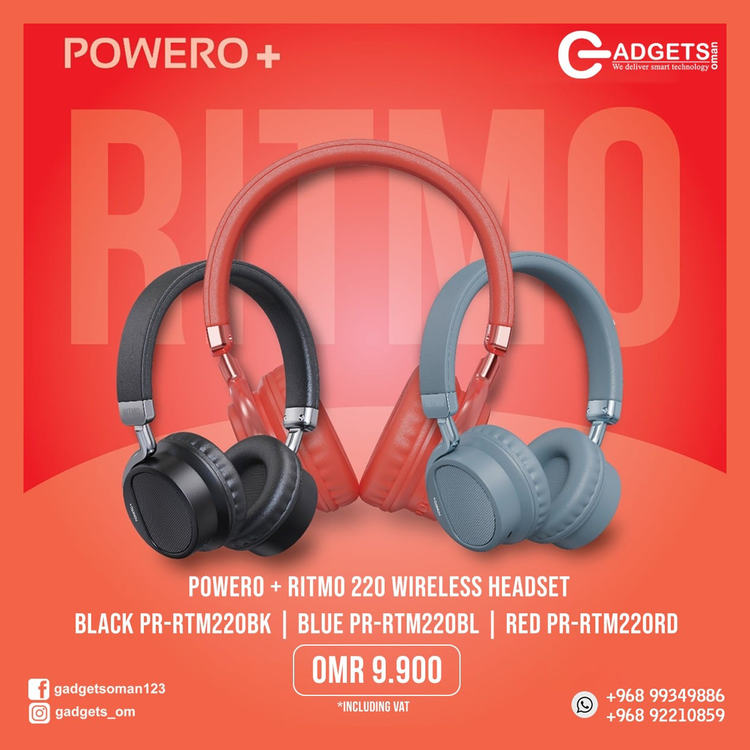 Powero+ Ritmo 220 Bluetooth Wireless Over-Ear Headphones with Pure Bass & Voice Prompt - Ergonomic Design Bluetooth 5.0 Headset - Multi Function Buttons - Siri Enabled - Blue