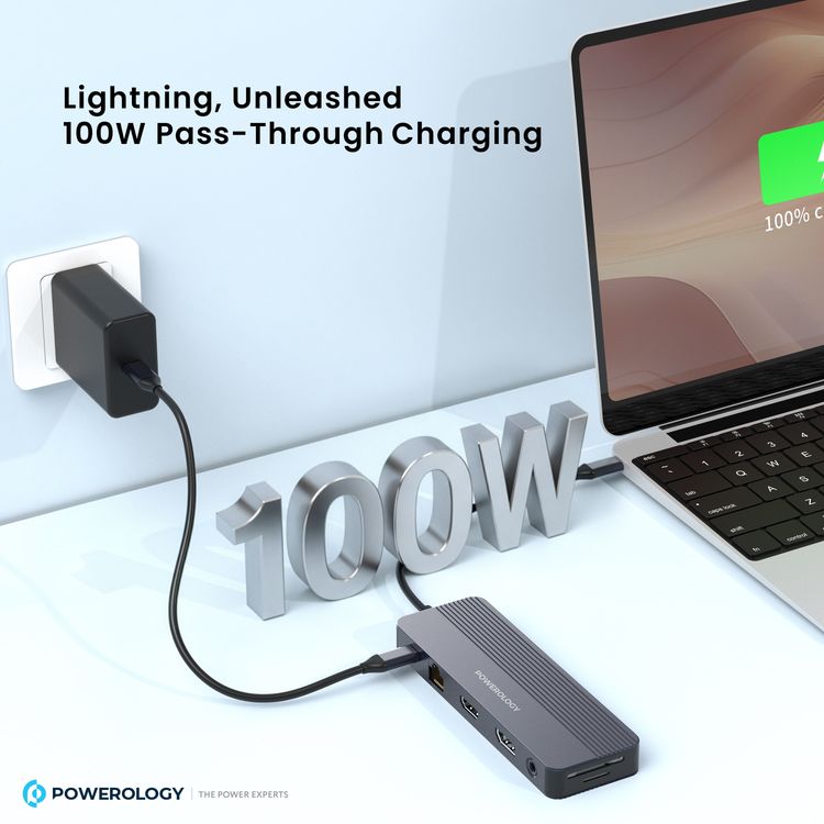 باورولوجي محور USB-C متعدد المنافذ 12 في 1 مع وضع عرض متعدد، توافق عالمي، شحن مرور، توصيل وتشغيل، مخرج فيديو مزدوج، تصميم مدمج من الألومنيوم.