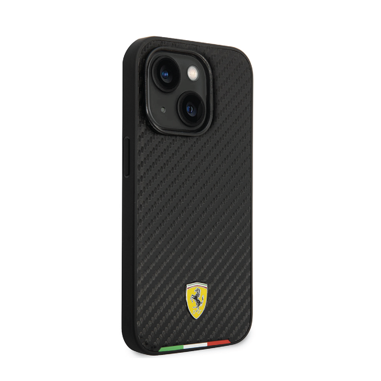 Ferrari HC PU Carbon Effect Case with Italian Flag Line iPhone 14 Compatibility - Black