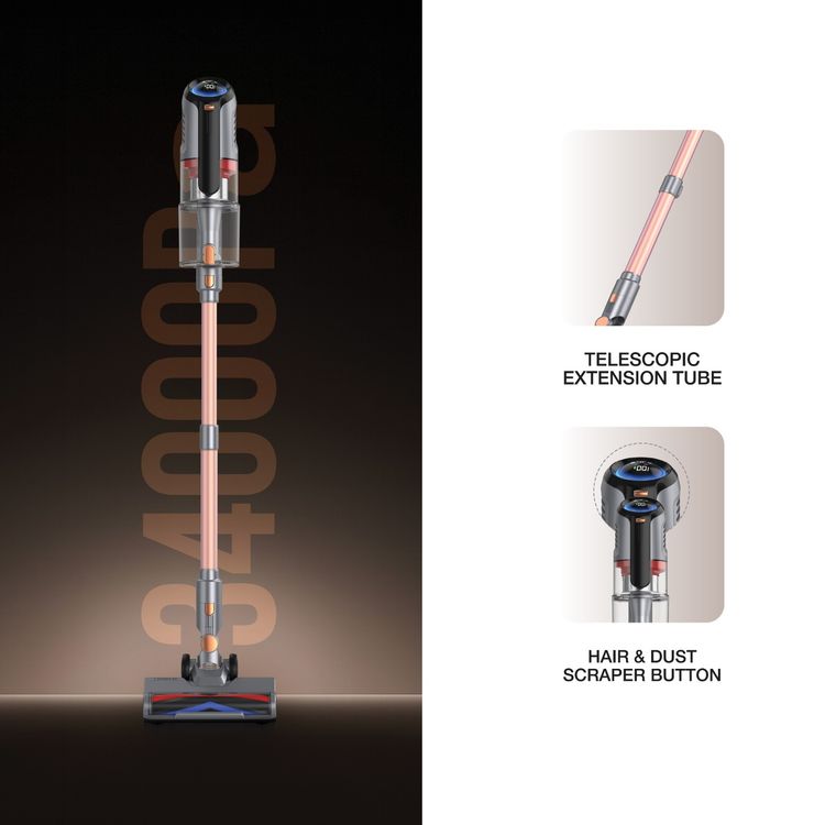 مكنسة كهربائية لاسلكية من جرين ليون فورس برو مع شاشة LED لعرض الوقت الحقيقي، سعة صندوق الغبار 900 مل، تعمل لمدة تصل إلى 45 دقيقة، فلتر HEPA قابل للغسل، أنبوب تمديد تلسكوبي، زر لكشط الشعر والغبار - رمادي