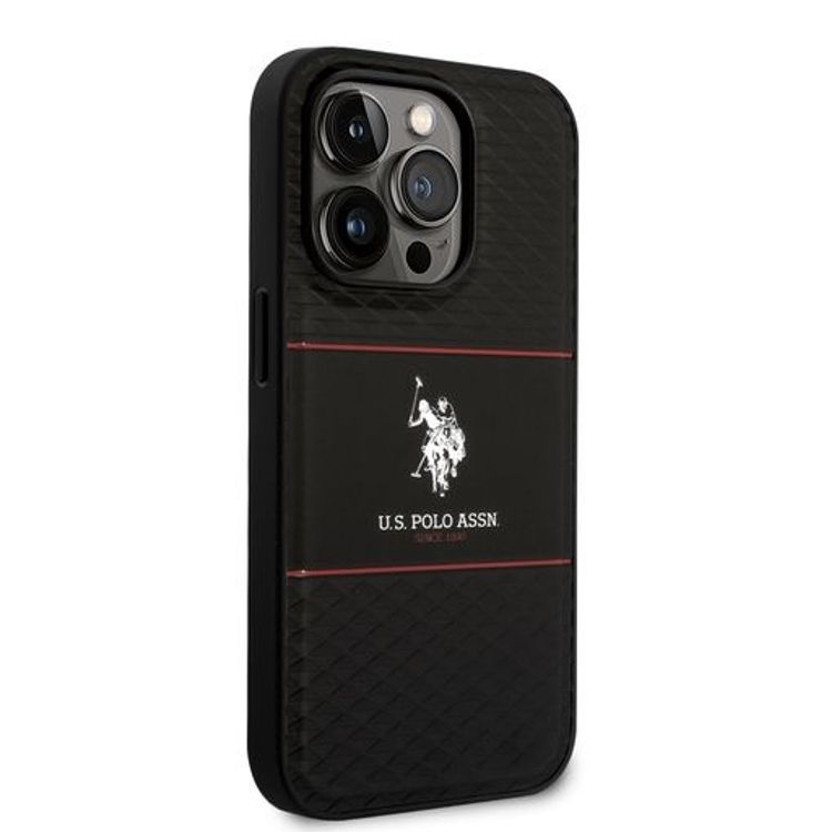 حافظة صلبة مخططة من US Polo لهاتف iPhone 14 Pro - أسود