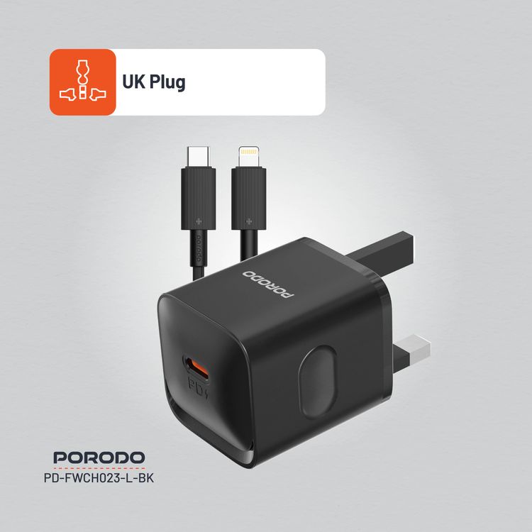Porodo شاحن حائط بقوة 20 واط (UK) مع كابل Type-C إلى Lightning، حماية من الحرارة الزائدة، محمول - أسود