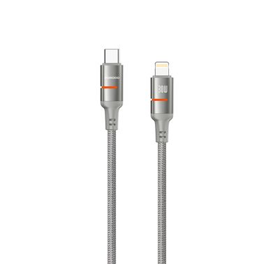 كابل بورودو USB-C إلى Lightning مع إضاءة LED بقدرة 30 واط، سرعة نقل 480 ميجابت في الثانية، طول الكابل 1.2 متر، شحن سريع ونقل بيانات، سلك مضفر - رمادي