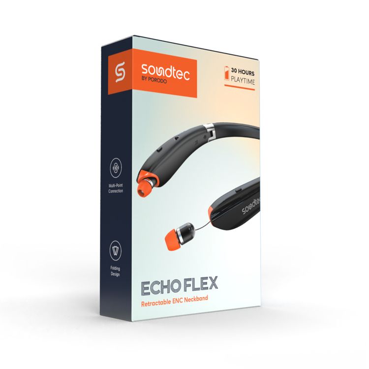 Porodo Soundtec Echo Flex Retractable ENC Neckband with Folding Design, Crystal Clear Audio, High Clarity Mic, Bluetooth V5.2, Multi Point Connection - Black 