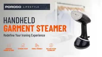 Porodo Lifestyle Handheld Garment Steamer, 360ml Water Tank Capacity, UK 3-Pin Plug Power Cord, 50-60Hz Rated Frequency, 1700W  Rated Power, 230-240V Rated Voltage