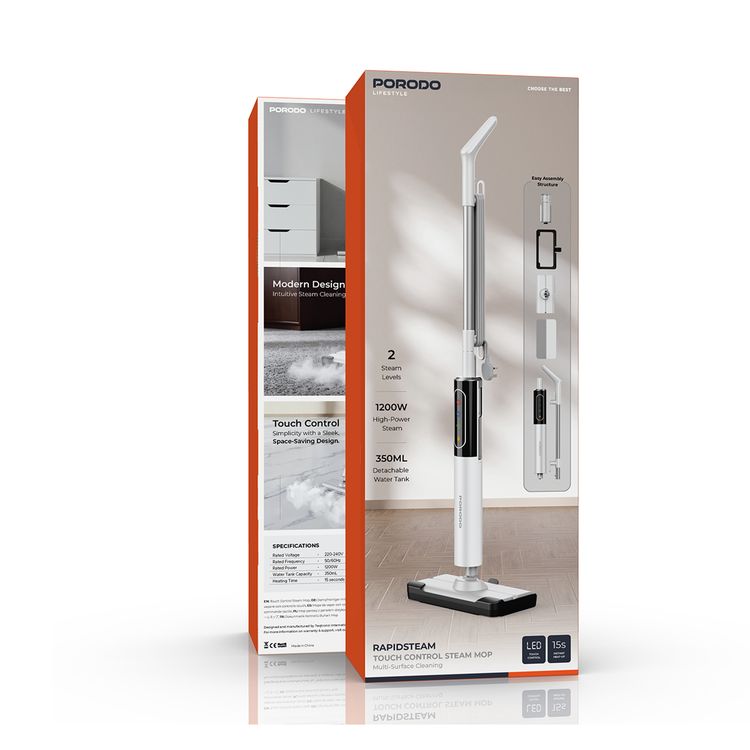 ممسحة بخار Porodo Rapidsteam بتحكم باللمس مع مستويين للبخار، تغطية من الحافة إلى الحافة، بخار عالي القوة، وحدة محمولة قابلة للفصل، تحكم باللمس LED، وقت تسخين 15 ثانية، سعة خزان ماء 350 مل، تنظيف متعدد الأسطح - أبيض