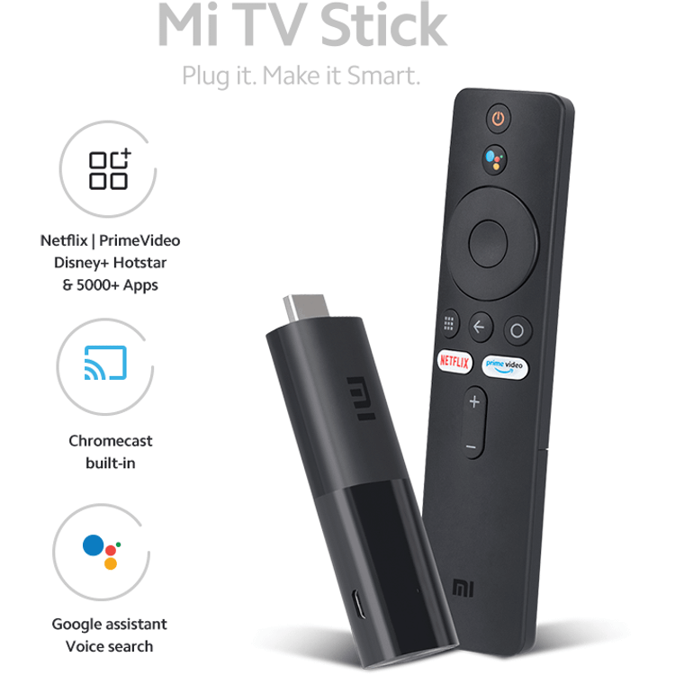 Xiaomi Mi TV Stick with Bluetooth Remote, Plug the stick into any TV, Monitor or Projector with an HDMI Port, Android TV 9.0, Light & Portable TV Stick, Easy to Set-up - Black