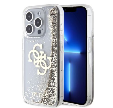 Guess Liquid Glitter Case with 4G Electroplated Logo - Gold - iPhone 15 Pro
