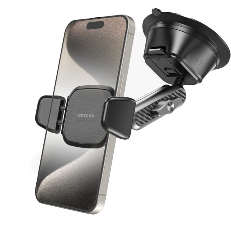 Porodo Cradle Suction Cup Non-Gel Pad Phone Mount with 360° Rotating Ball Joint, Universal Compatibility, Horizontal & Vertical - Black