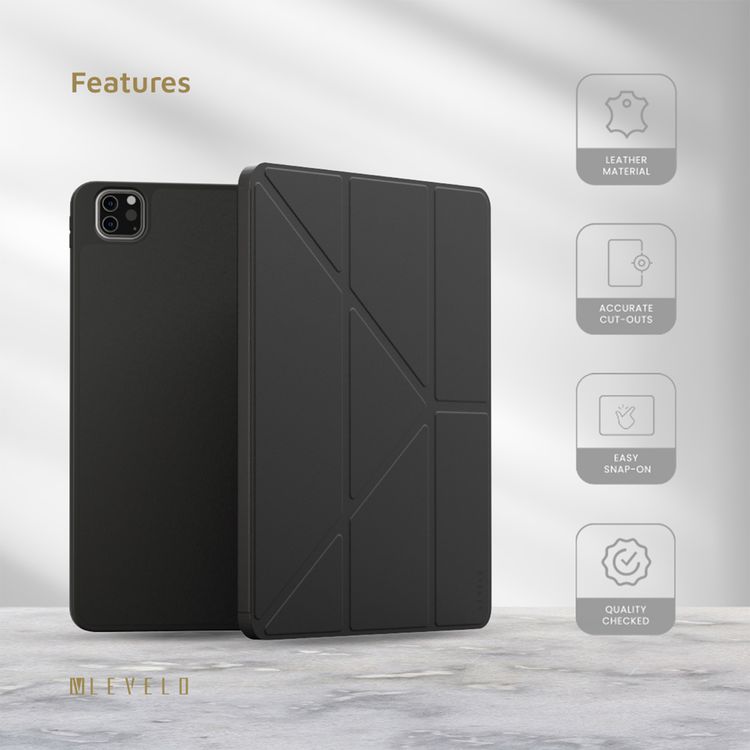 Levelo Elegante Hybrid Leather Case for iPad Pro 4th to 6th Generation, Vertical Orientation & Horizontal Positioning, Shock Absorbent Bumper Case, 360° Protection, Easy Snap-On, Accurate Cut-Outs - Black