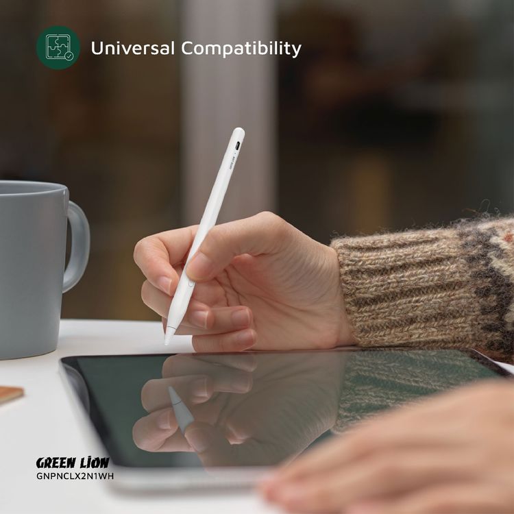 Green Lion Pencil X Universal Pen with LED Indicator, Dual System Support, 1.2mm POM Nib, 125mAh Battery, 8-9 Hours Usage Time, 5 Minutes Auto Power Off Function, Replaceable Tip, Magnetic Attachment - White