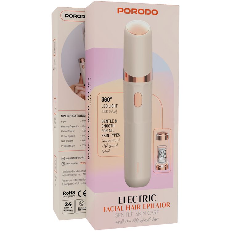 Porodo Electric Facial Hair Epilator with 360° LED Light, 8500RPM Motor Speed, Up to 60 Minutes Working Time, USB-C Charging Port, 1.5W Rated Power, 350mAh Battery - Pink