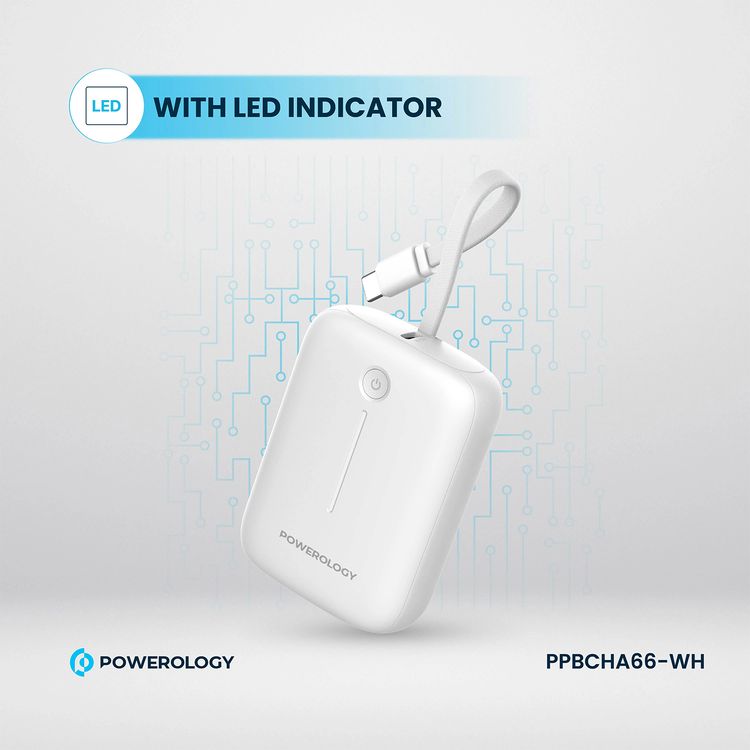 Powerology 10000mAh Power Bank with Detachable USB-C Wire, 20W Power Delivery, 3-Device Charging, Long Time Standby, Universal Phone Compatibility, Built-in Safeguards - White