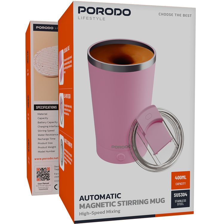 Porodo Automatic Magnetic Stirring Mug with Detachable Base Design, 7000RPM Stirring Speed, IPX6 Water-Resistance Level, 400mL Capacity, Leakproof Silicone Lid, 300mAh Battery, USB-C Charging Port - Pink