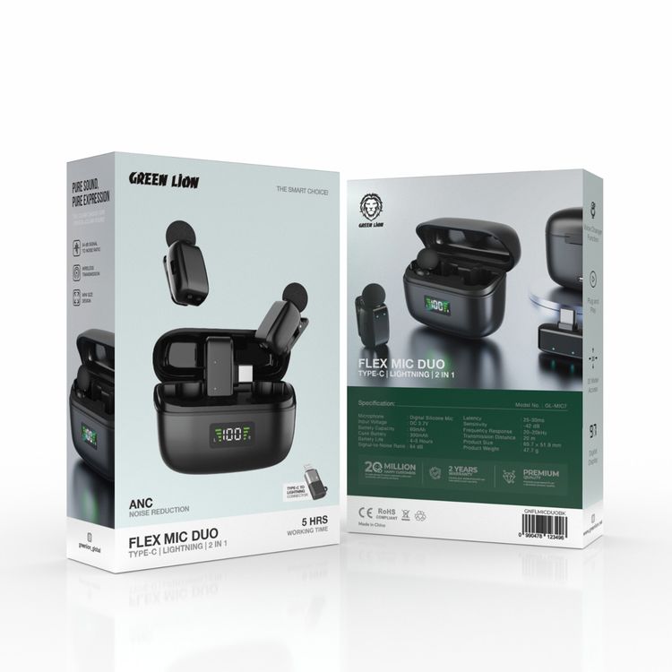 Green Lion Flex Mic Duo Microphones with Type-C & Lightning Connector 2-in-1, Digital Display, Up to 5 Hours Battery Life, Voice Changer Function, Wireless Transmission, ANC Technology, Plug & Play, 20m Transmission Distance - Black