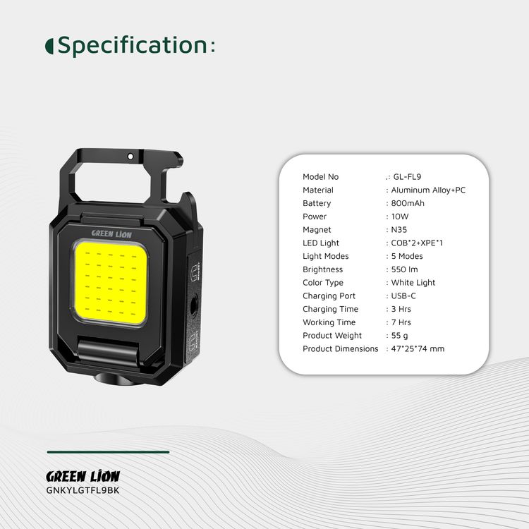 Green Lion Keychain Light with 5 Light Modes, 800mAh Battery, 550 Lumens Brightness, USB-C Charging Port, Up to 7 Hours Working Time, Magnetic Attachment, Foldable Design, 10W Power, Double-Sided - Black