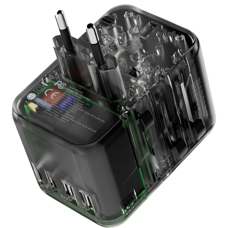 Powerology 65W PD Universal Multi-Port Travel Adapter with Triple USB-C Outputs, Universal Plugs, Combined Output Mode, Lightweight & Portable, Travel Friendly - Transparent