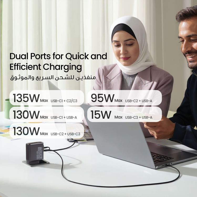 Powerology Voltflow GaN Wall Charger with PD 140W, Single USB-A & Triple USB-C Ports, Ai Temperature Control, Fast Charge Support, Multiple Device Compatibility, TFT Smart Display Interface - Black