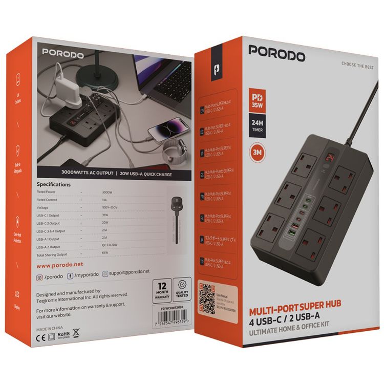 Porodo Multi-Port Super HUB Ultimate Home & Office Kit with 4 USB-C & 2 USB-A, 3m Cable Length, Universal Sockets, Built-in Safeguard, Over-Heat Protection - Black