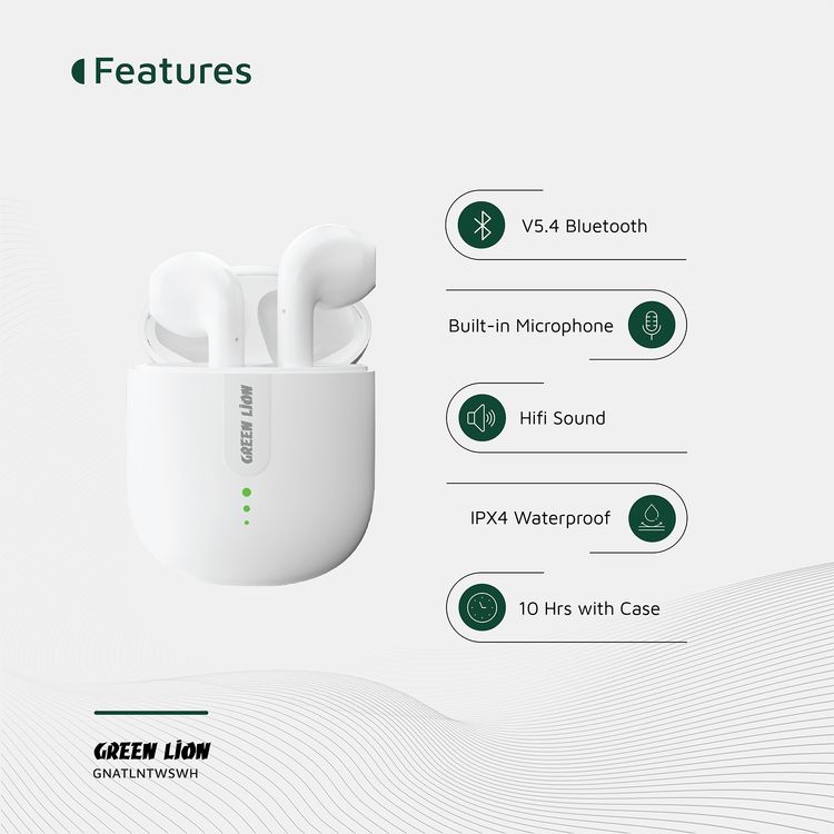 Green Lion Atlanta True Wireless Earbuds with Built-in Microphone, IPX4 Waterproof Level, Voice Assistant, HiFi Sound, Touch Control, 3 Hours Playtime - White