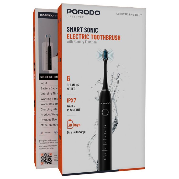 Porodo Lifestyle Smart Sonic Electric Toothbrush with Memory Function, 6 Cleaning Modes, Up to 30 Days Working Time, 500mAh Battery, IPX7 Water Resistance Level, USB-C Charging Interface, DuPont Bristles, Powerful Sonic Cleaning, Smart Timer & Reminder - Black