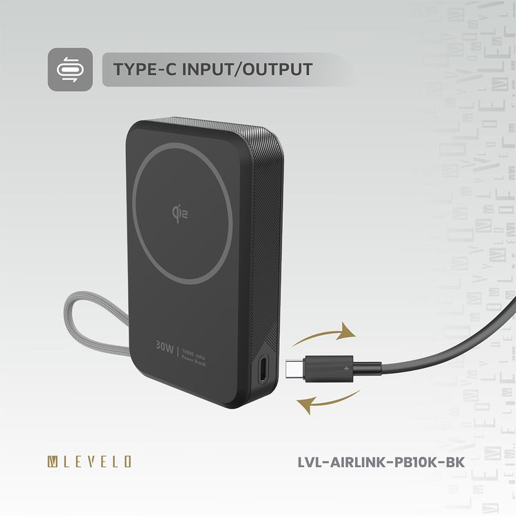 باور بانك Levelo Air Link 10000mAh MagSafe مع حامل وInt، وكابل إدخال/إخراج Type-C مدمج، وحامل مدمج، وشحن سريع Qi2 15 وات، وكابل قبضة، وشحن متزامن - أسود