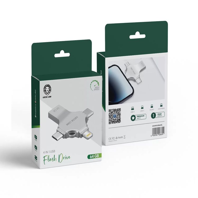 Green Lion 4-in-1 USB Flash Drive 64GB with High Speed Data Transfer, USB-A, USB-C, Micro USB & Lightning Connectors - Silver