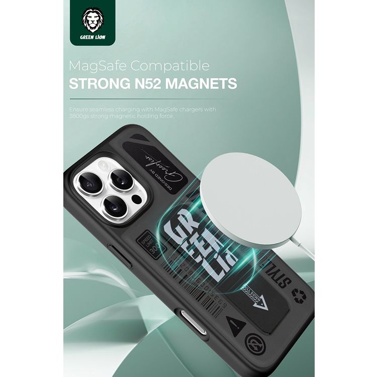 حافظة Green Lion Grip Pro MagSafe لهاتف iPhone 16 Pro، قبضة جلدية قابلة للطي، قوة 3800 جرام، حماية من السقوط وامتصاص الصدمات، مضادة للخدش - أسود