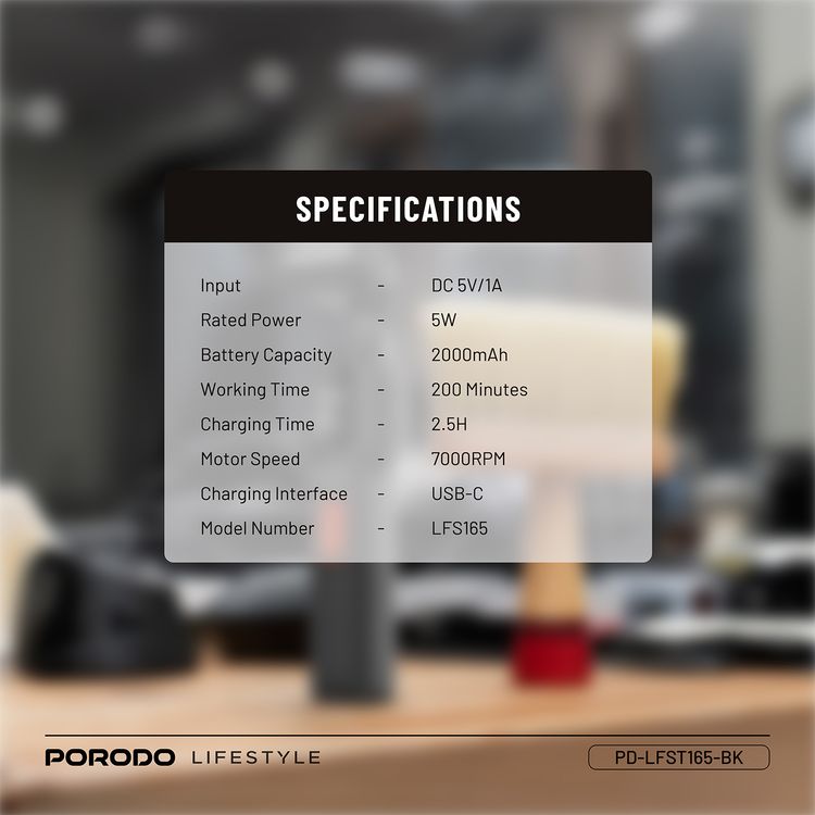 Porodo Multi-Purpose Trio Grooming Kit with Hair Clipper & Beard Shaver, 5W Rated Power, 200 Minutes Working Time, 4 Combs, 2000mAh Battery Capacity, LED Digital Display, 7000RPM Motor Speed, USB-C Charging - Black