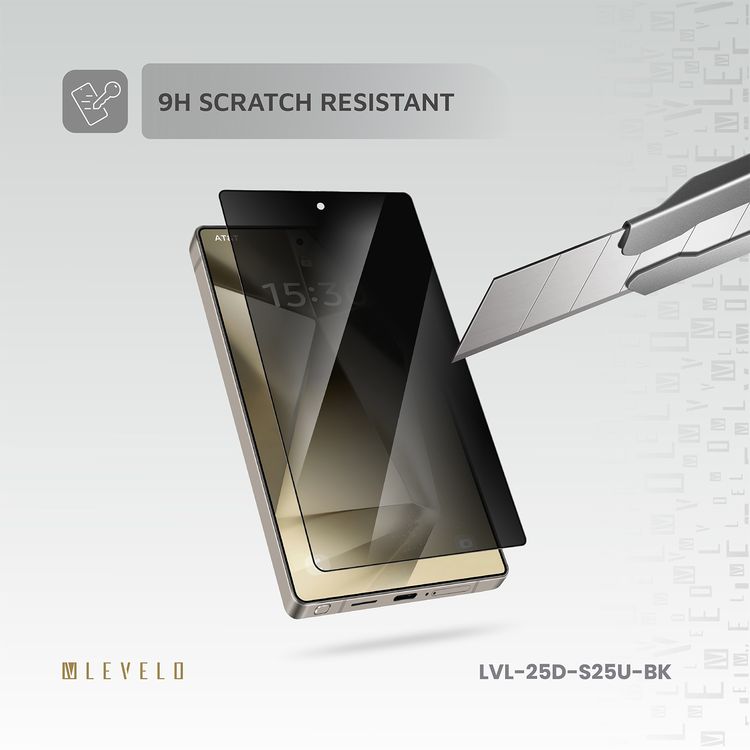 Levelo 2.5D Silk Print HD Privacy Glass for Samsung Galaxy S25 Ultra, High Silicone Aluminum, 0.25mm Ultra Thin, Scratch-Resistant, Oleophobic & Hydrophobic Coating, Instant Fingerprint Unlock, Air Bubble Prevention, Explosion- Proof, Auto-Exhaust - Black