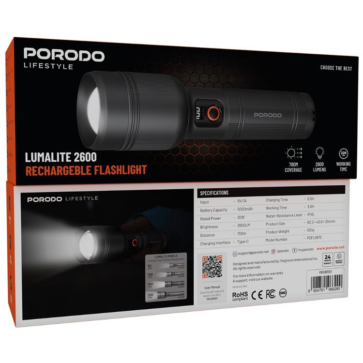 Porodo Lumalite 2600 Lumens Rechargeable Flashlight with Ultra-Bright Beam, 5000mAh Battery, 30W Rated Power, Up to 700m Coverage Area, USB-C Charging Port, 3.8 Hours Working Time, Manual Zoom Control, Multi-Mode Operation - Gray