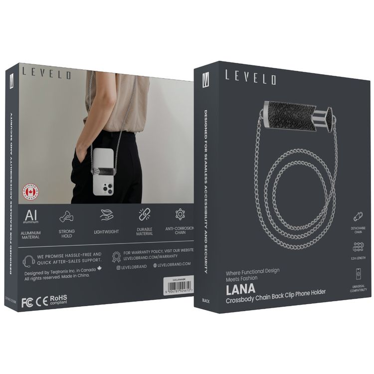Levelo Lana Crossbody Chain Back Clip Phone Holder with Aluminum Material, 1.2m Chain Length, Anti-Corrosion Chain, Universal Compatibility - Black