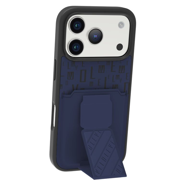 غطاء Levelo Morphix GripStand مع حامل بطاقات لهاتف iPhone 17 Pro Max، تصميم فخم بطبعات العلامة التجارية، واقي صدمات، حواف مرتفعة للكاميرا والشاشة، حامل حزام مغناطيسي - لون أزرق منتصف الليل.