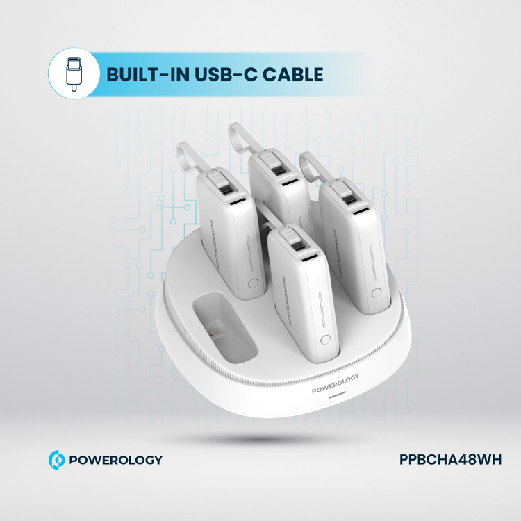 Powerology 5 x 10000mAh Power Bank Station with 50W PD, USB-A, USB-C, Type-C Built-in Cable, 12V/1A Max Contact Input, Rapid Recharging Station, High-Density Batteries, Type-C Built-in Cable, 5V/3A Total Output, Built-in Safeguards - White