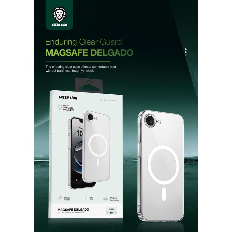 جراب Green Lion MagSafe Delgado لجهاز iPhone 16e بحواف مرتفعة، تصميم شفاف كريستالي، مغناطيسات N52 قوية، مصنوع من مادة TPU+PC صلبة، قبضة مريحة - شفاف